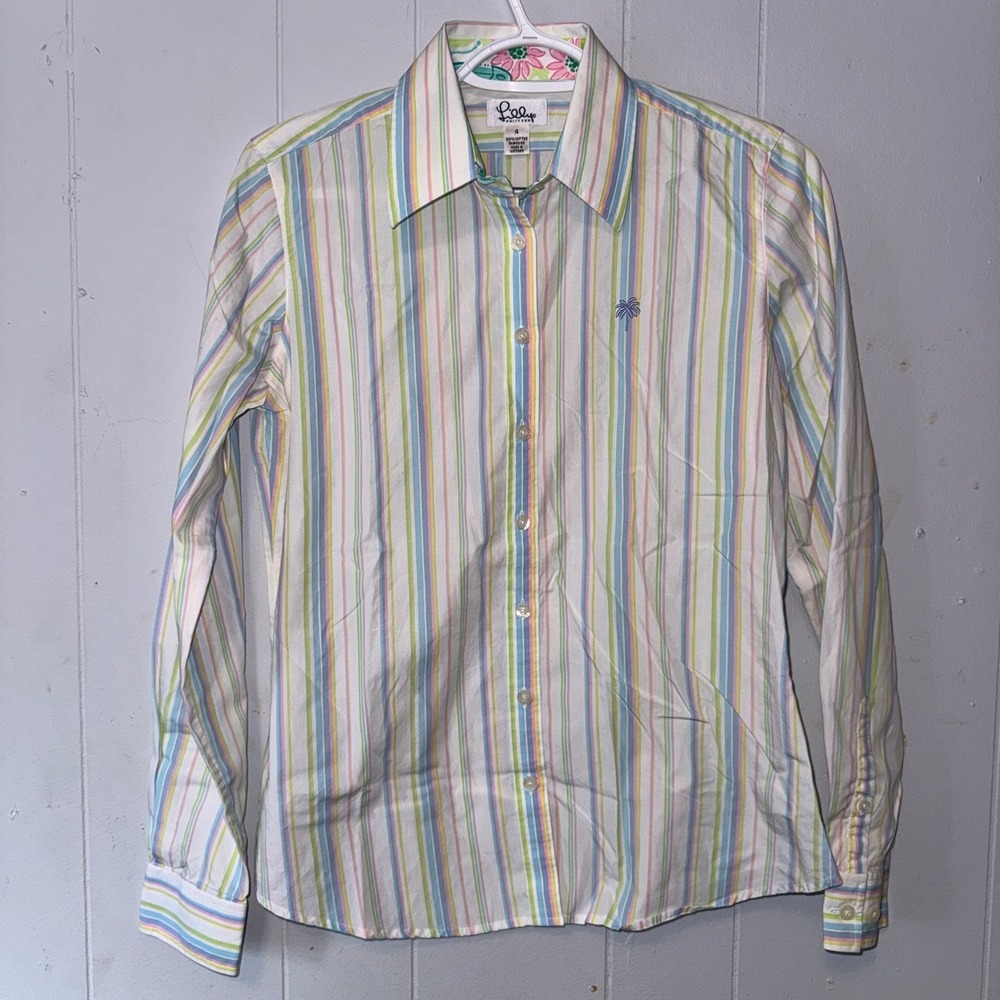 Lilly Pulitzer Womens Size 4 Striped Cotton‎ Button Down Shirt Pastel Palm Tree